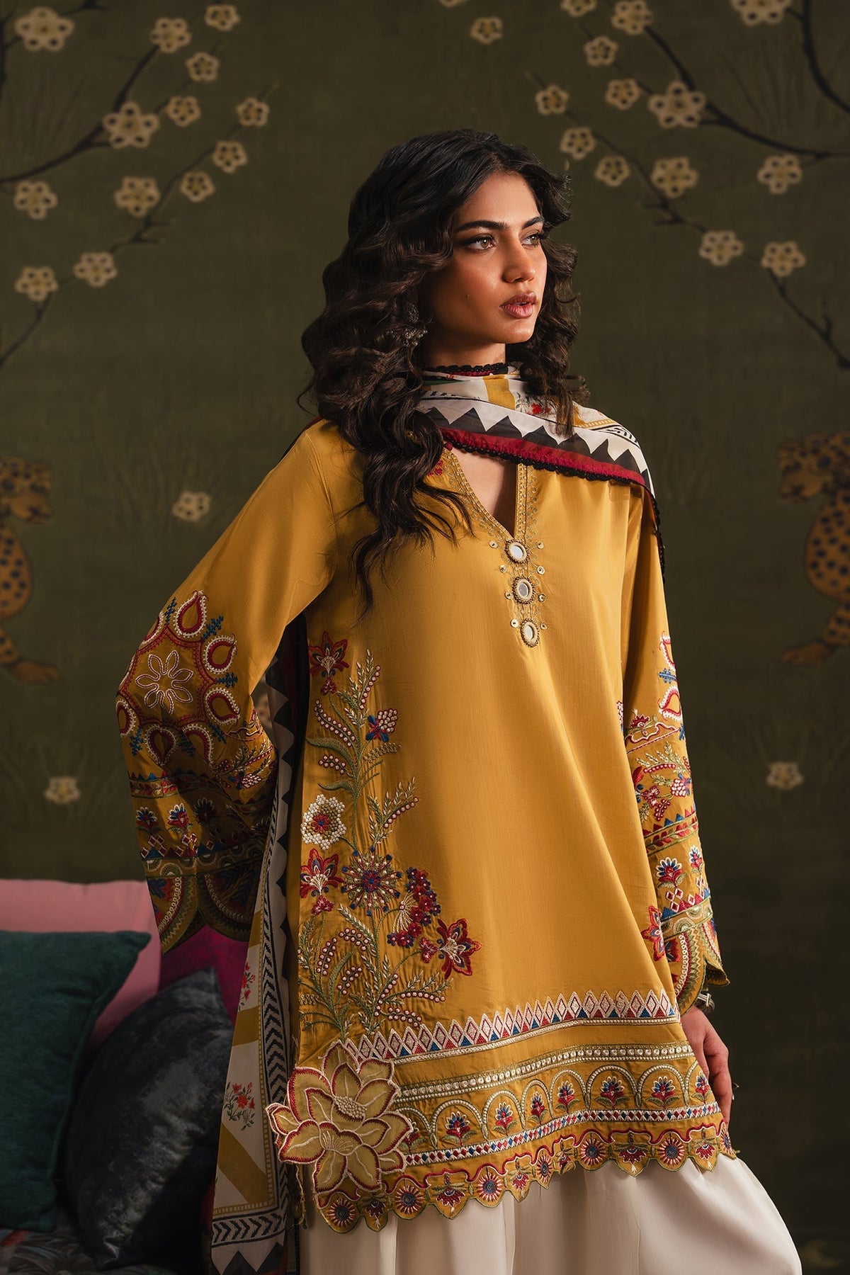 Dhanak Embroidered 3pc luxury Article With Dhanak Printed Shawl Mustard Color