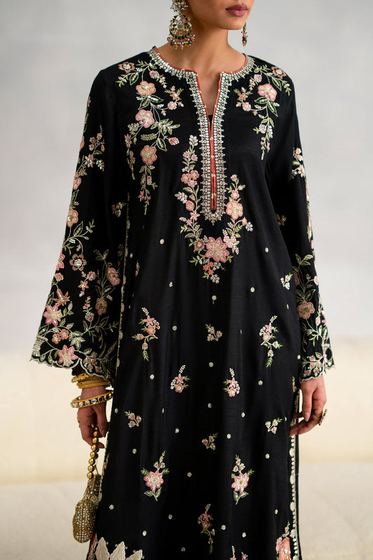 ETHNC BLACK EMBROIDERED SILK KAFTAN 2 PC