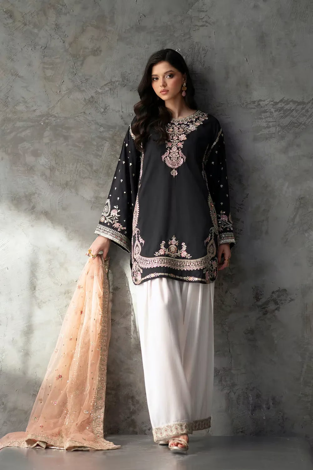 Ethnic 9000 Velvet Embroidered 3pc Article With peach Chiffon Dupatta Black color