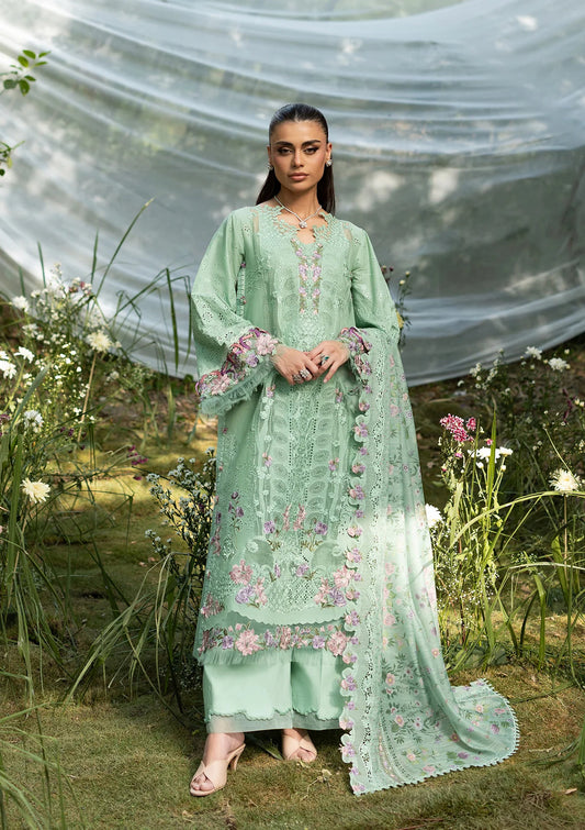 Elaf Dhanak Embroidered 3pc Article With Silk Printed Shawl Light green Color