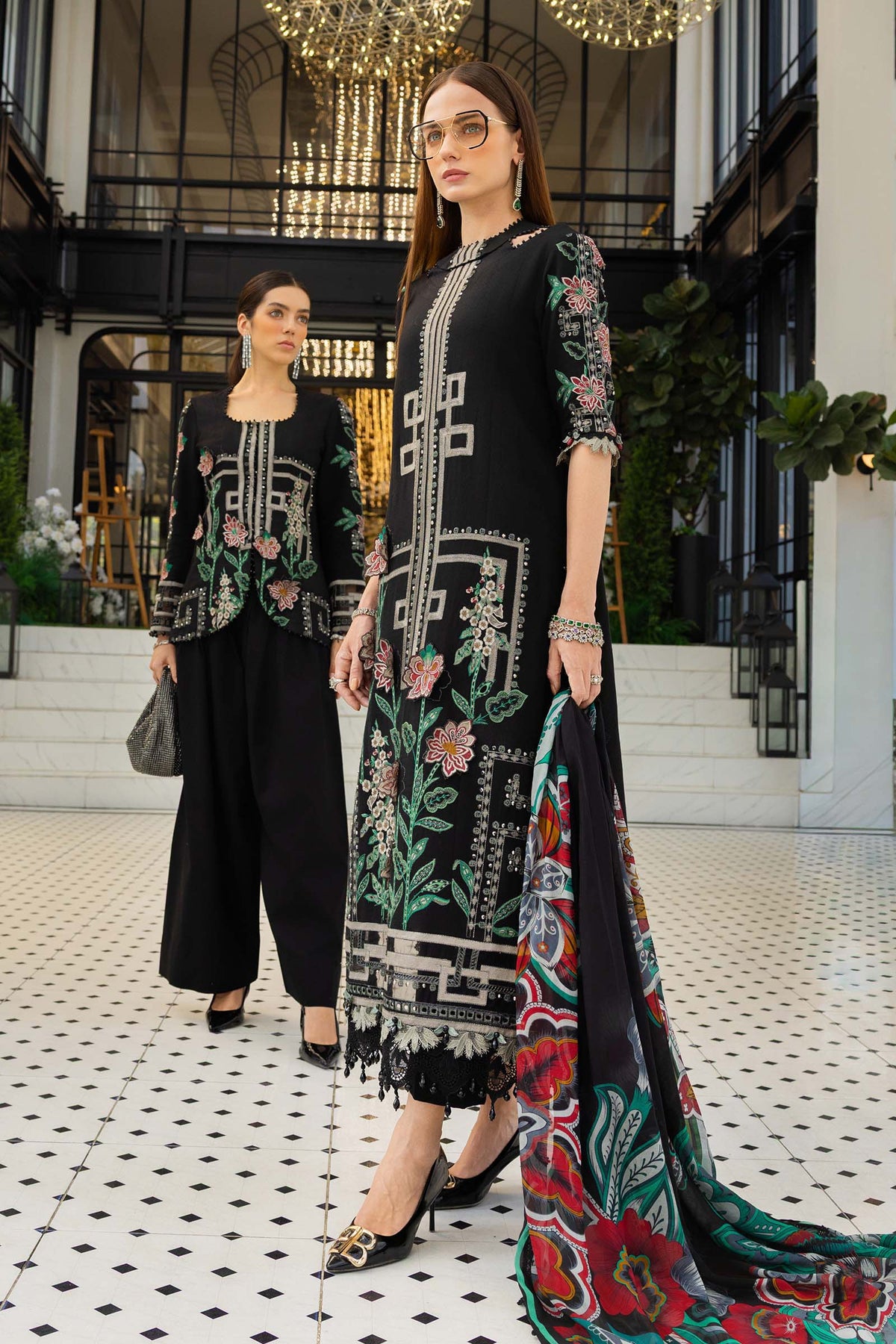 Mariab Dhanak Embroidered 3pc Article with dhanak Duppata Black color square
