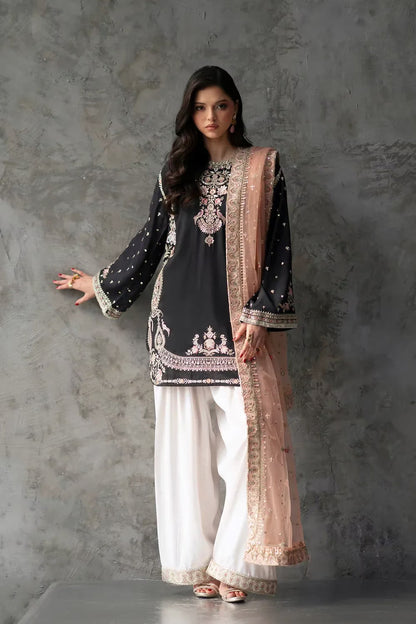 Ethnic 9000 Velvet Embroidered 3pc Article With peach Chiffon Dupatta Black color