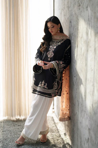 Ethnic 9000 Velvet Embroidered 3pc Article With peach Chiffon Dupatta Black color