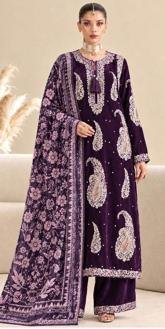 Ethnic Dhanak Embroidered 3pc Article With Plachi Shawl Plum Color