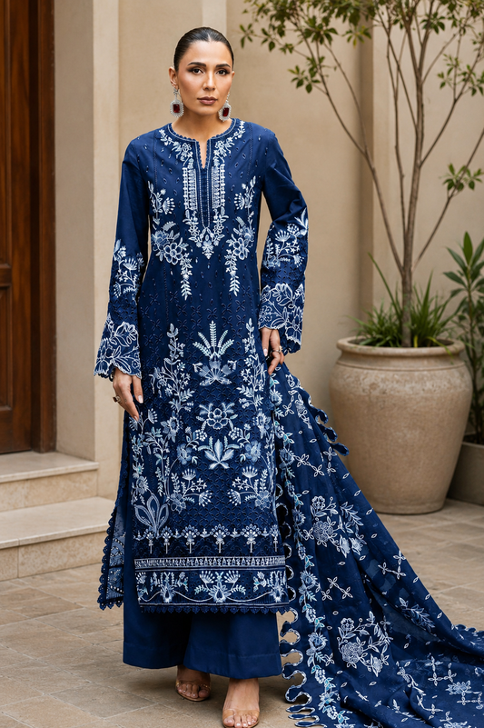 Dhanak Embroidered 3pc Article With Dhanak Embroidered Dupatta Akbar Aslam Zinc Blue