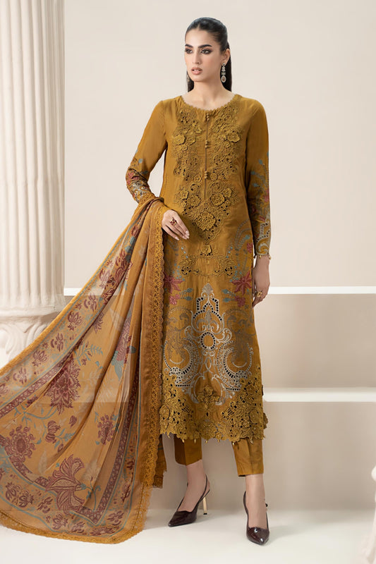 Mariab Dhanak Embroidered 3pc Article 3d Patches With Dhanak Shawl Mustard Color