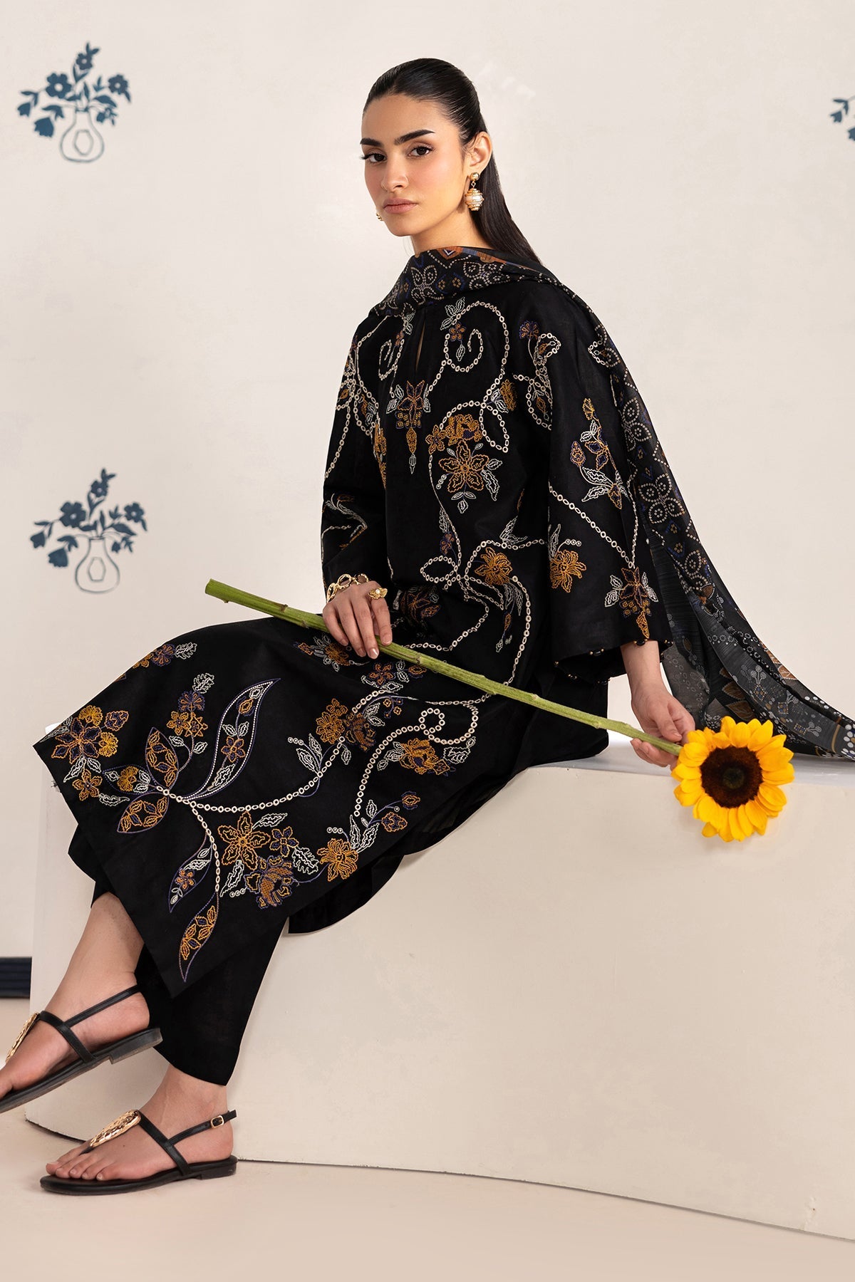 Baroque Dhanak Embroidered 3pc Article With Printed Wool Shawl Black Color
