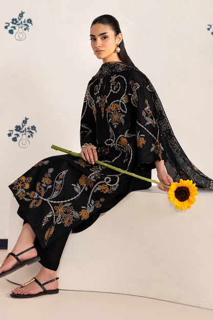 Baroque Dhanak Embroidered 3pc Article With Printed Wool Shawl Black Color