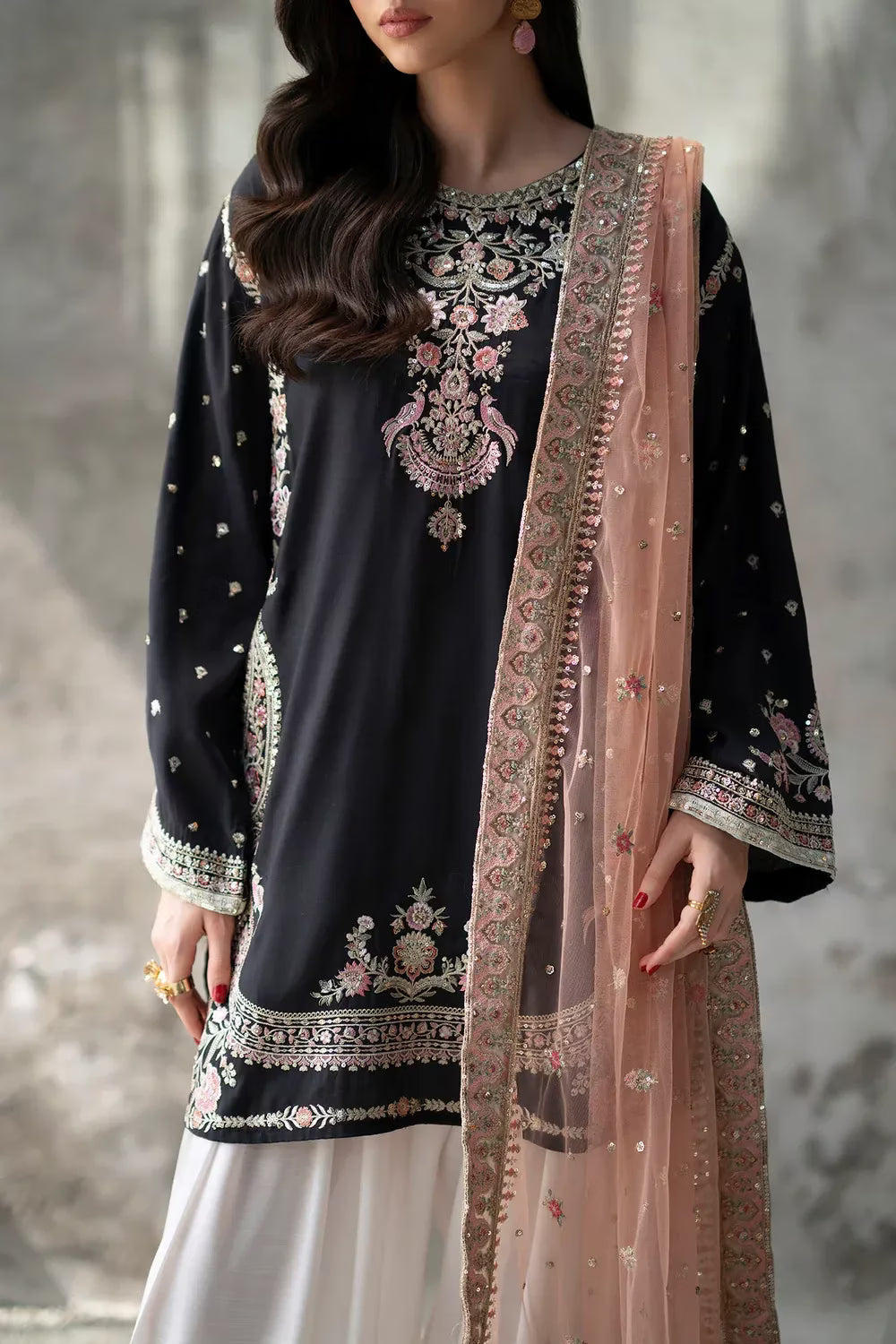Ethnic 9000 Velvet Embroidered 3pc Article With peach Chiffon Dupatta Black color