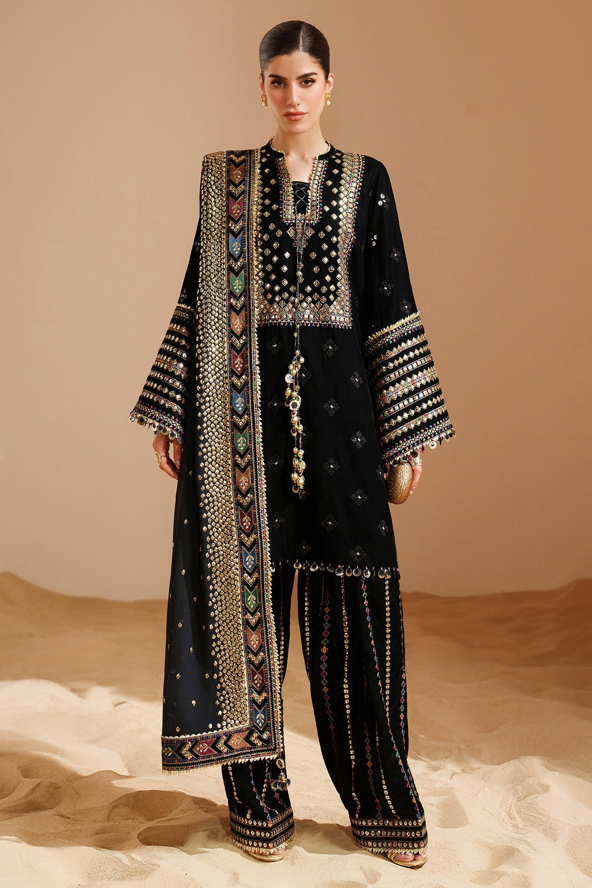 Jazmin 11000 Velvet Embroidered 3pc Article With Embroidered Khaadi Net Duppata Black Color
