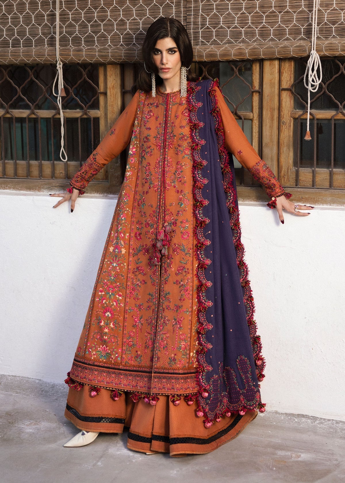 Dhanak Embroidered 3pc Article With Dhanak Shawl Orange HR