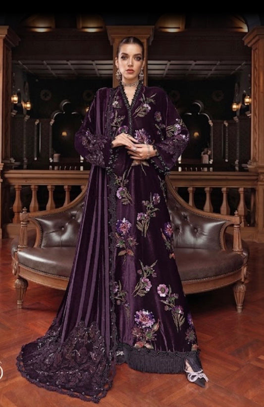 9000 Velvet Embroidered 3pc Article With Chiffon Dupatta Plum Color