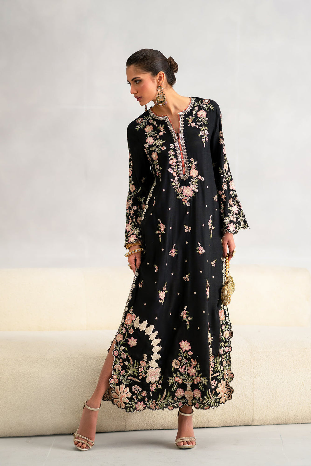 ETHNC BLACK EMBROIDERED SILK KAFTAN 2 PC